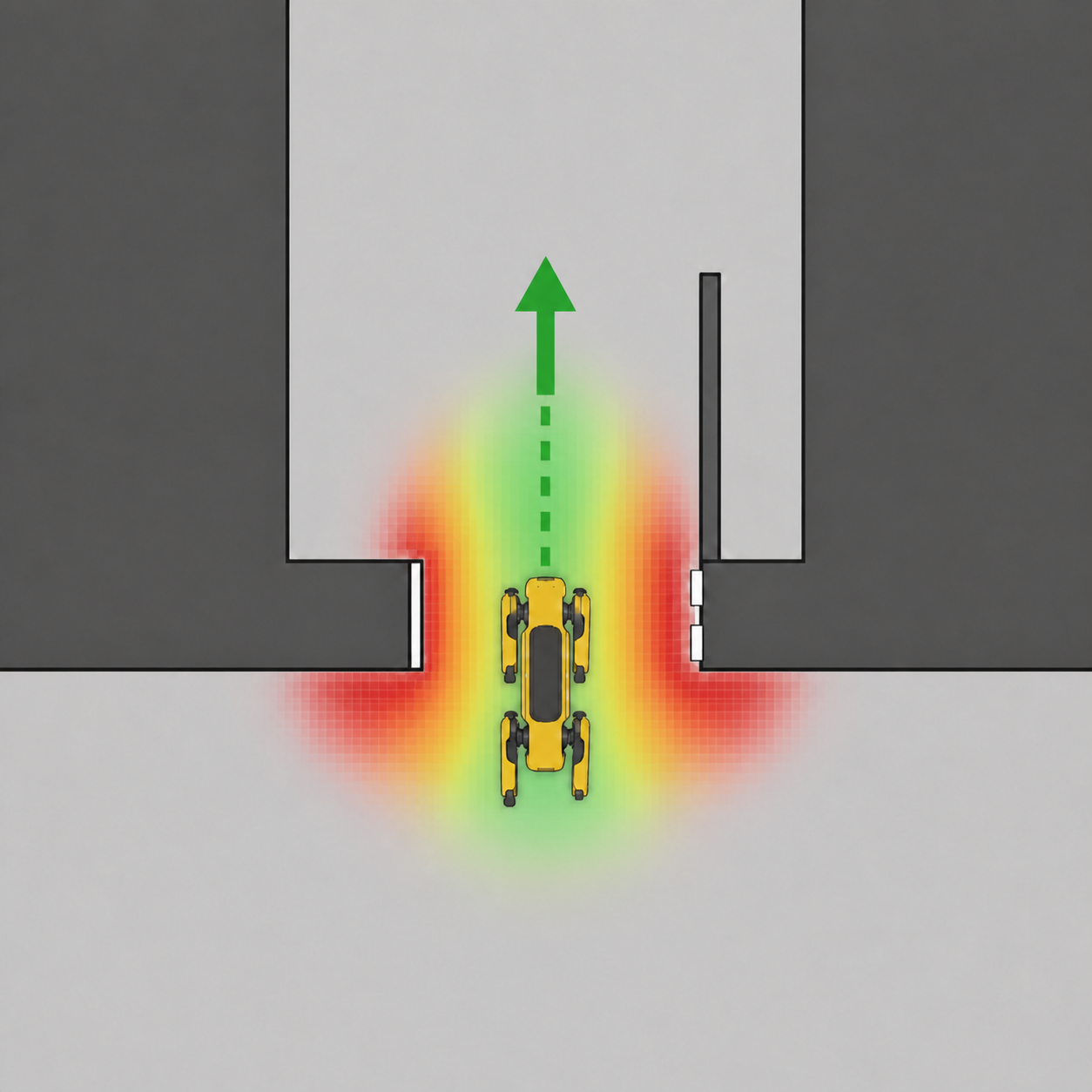 Top-down view of a quadruped robot opening a door